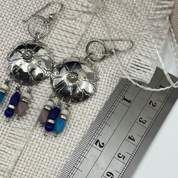 90's Handmade Sterling Silver Shell Drop Earrings with Beaded Accents - Picture 14 of 17
